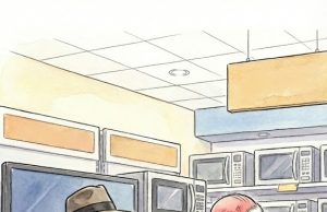 A blonde walks into a store to buy a new TV