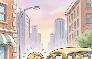 A blonde woman is driving down the road