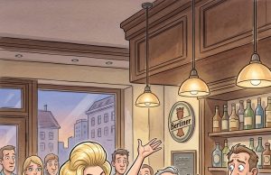 A large woman, in a sleevless sun dress, walks into a Pub in Berlin.