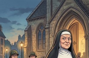 A soldier ran up to a Nun.