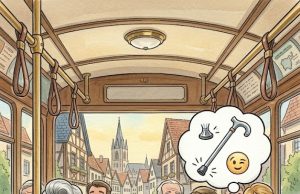 An old man gets on a crowded bus