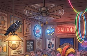 A cowboy walks into a bar and two steps in,