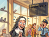 A nun was sitting at the airport